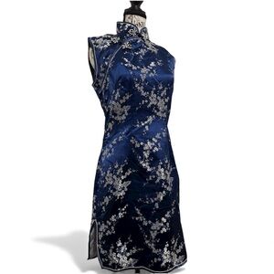 Longevity cheongsam Silk Dress qipao Dark Blue Cherry Blossom Sz 6 China 36 Slit